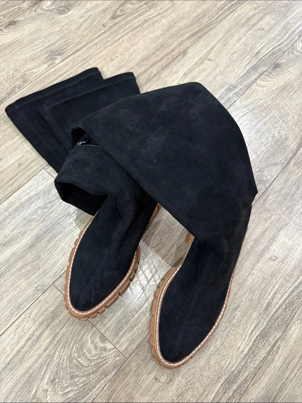 Stella McCartney Black Over-the-Knee Suede-Look Boots with Tan Lug Sole sz 38